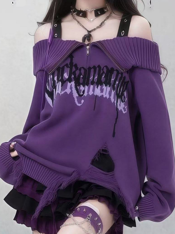 EMMIOL Punk Off-The-Shoulder Collar Sweaters