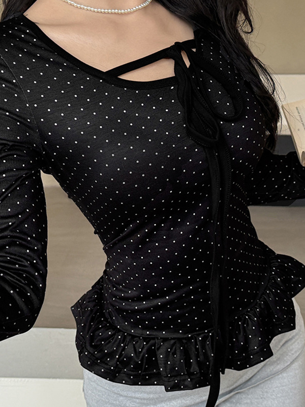 EMMIOL Langarmshirt mit Schnürung und Polka Dots