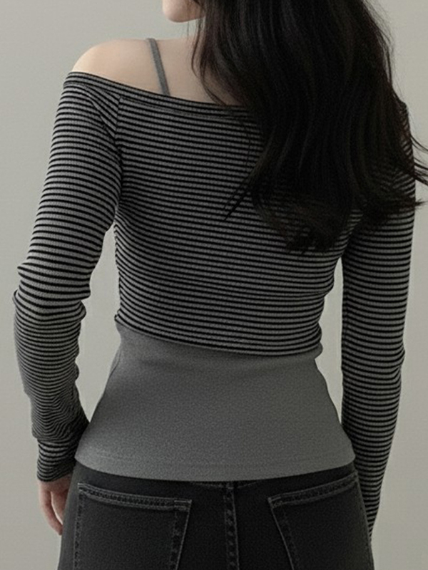EMMIOL Schulterfreies Langarmshirt mit Streifen