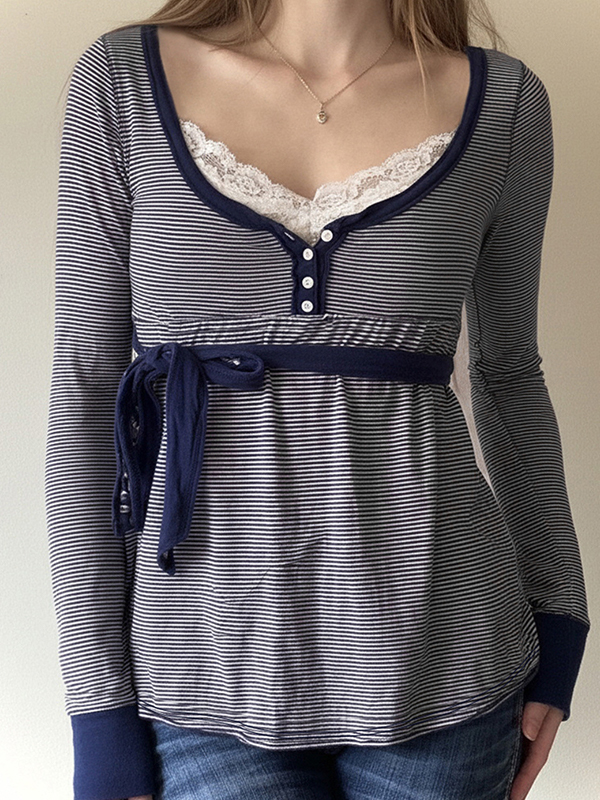 EMMIOL Langarmshirt mit kontrastierenden Spitzenstreifen