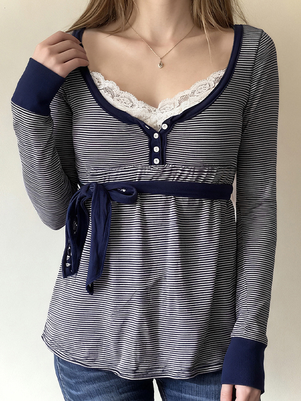 EMMIOL Langarmshirt mit kontrastierenden Spitzenstreifen