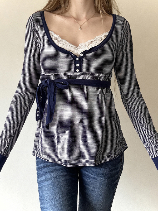 EMMIOL Langarmshirt mit kontrastierenden Spitzenstreifen