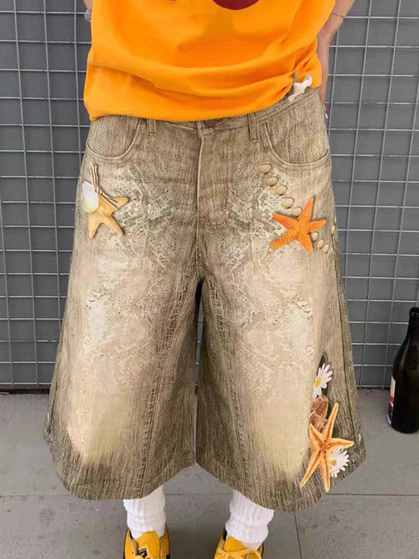 EMMIOL Pantaloncini con stampa a conchiglia e stelle marine lavati