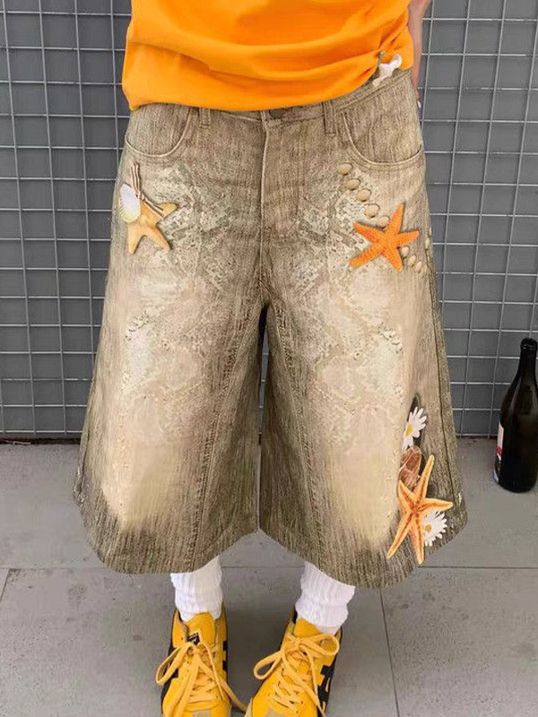 EMMIOL Pantaloncini con stampa a conchiglia e stelle marine lavati