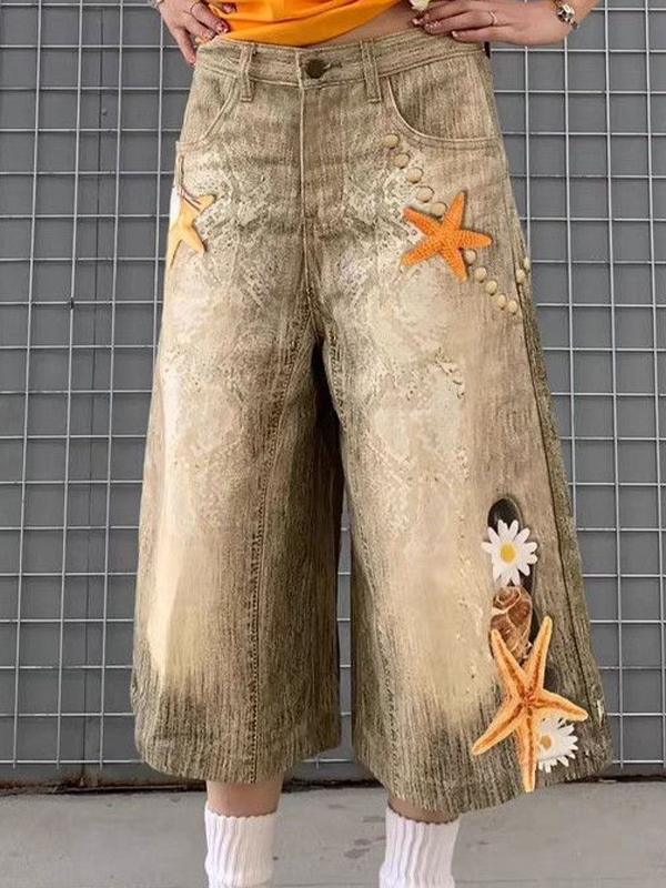 EMMIOL Pantaloncini con stampa a conchiglia e stelle marine lavati