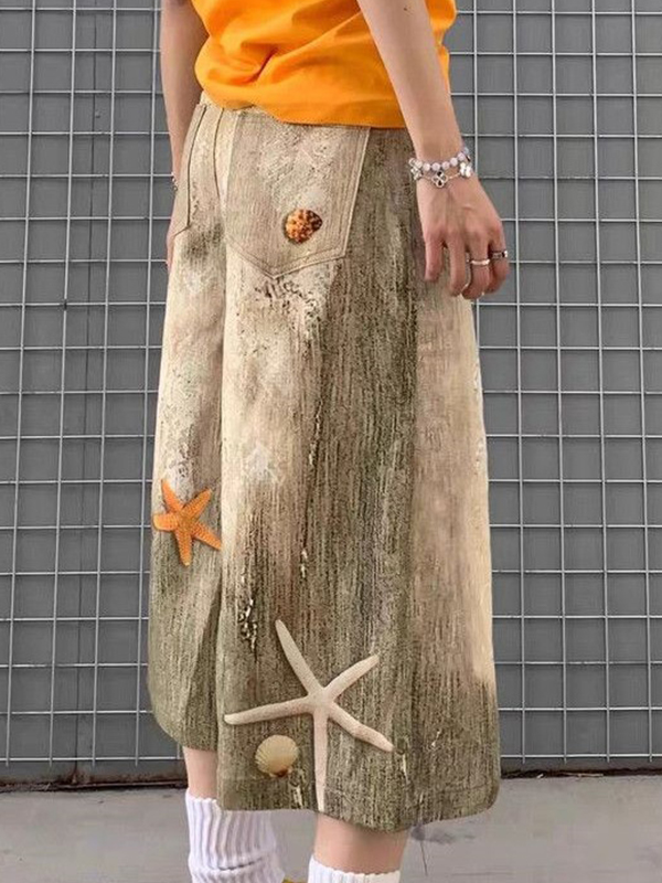 EMMIOL Pantaloncini con stampa a conchiglia e stelle marine lavati