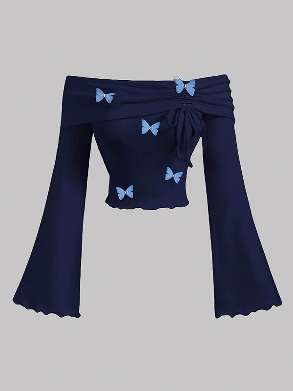 EMMIOL Blaues Langarmshirt mit Schmetterlingsmuster