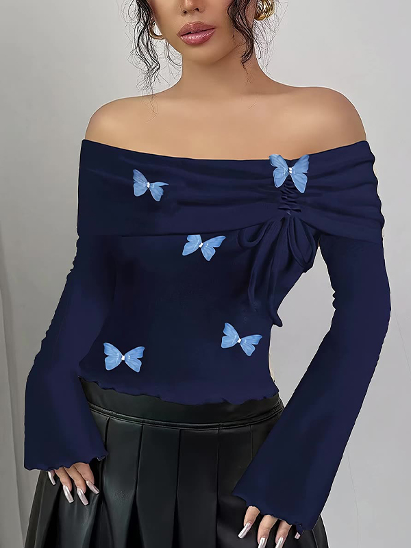 EMMIOL Blaues Langarmshirt mit Schmetterlingsmuster