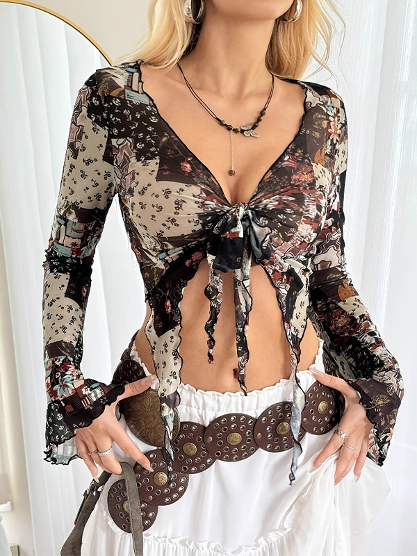 EMMIOL Langarmshirt aus Netzstoff mit Blumenmuster und Schmetterlingen
