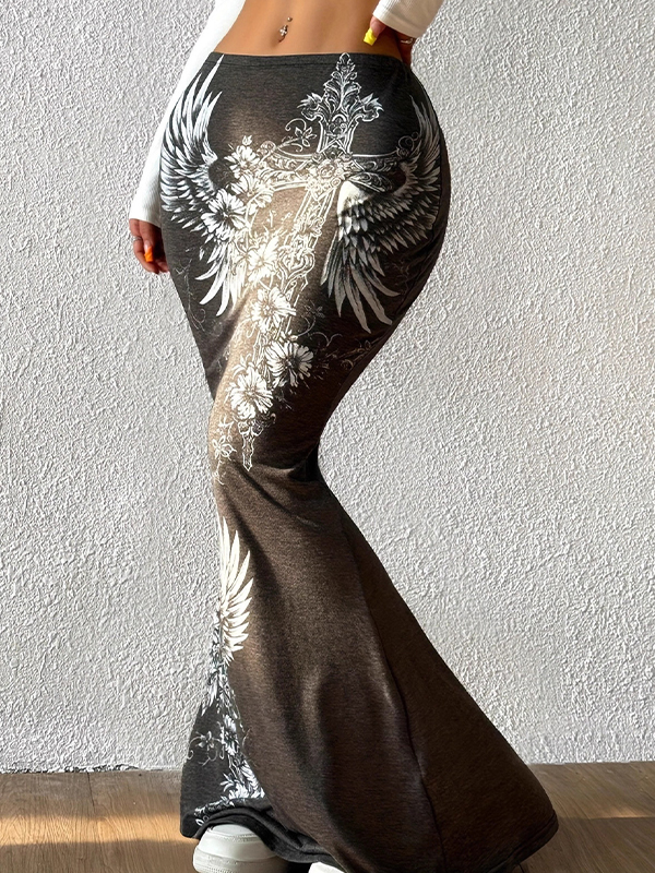 EMMIOL Cross-Wing Print Fishtail Midi Skirt