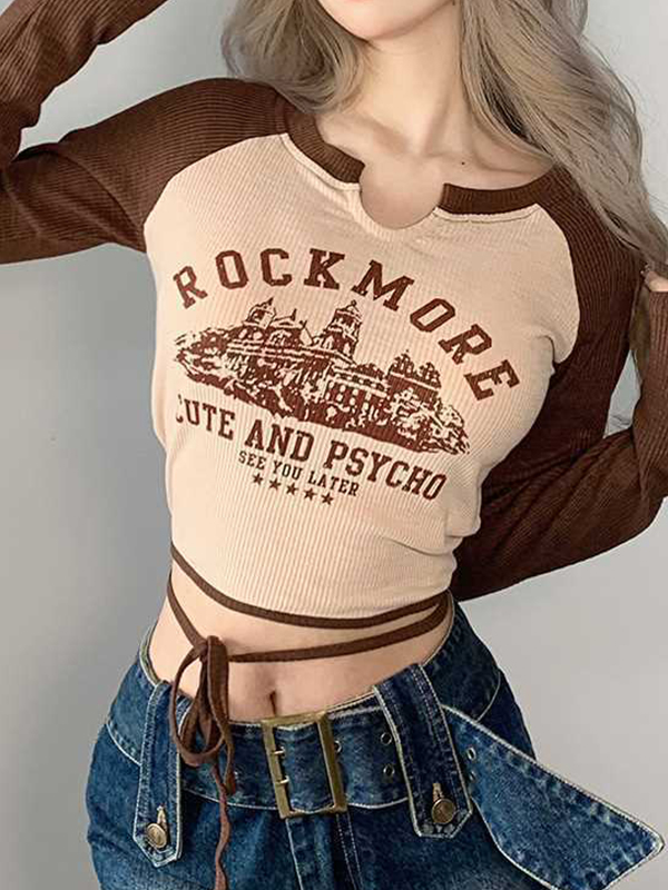 EMMIOL Langarmshirt mit Retro-Gebäude-Buchstabendruck