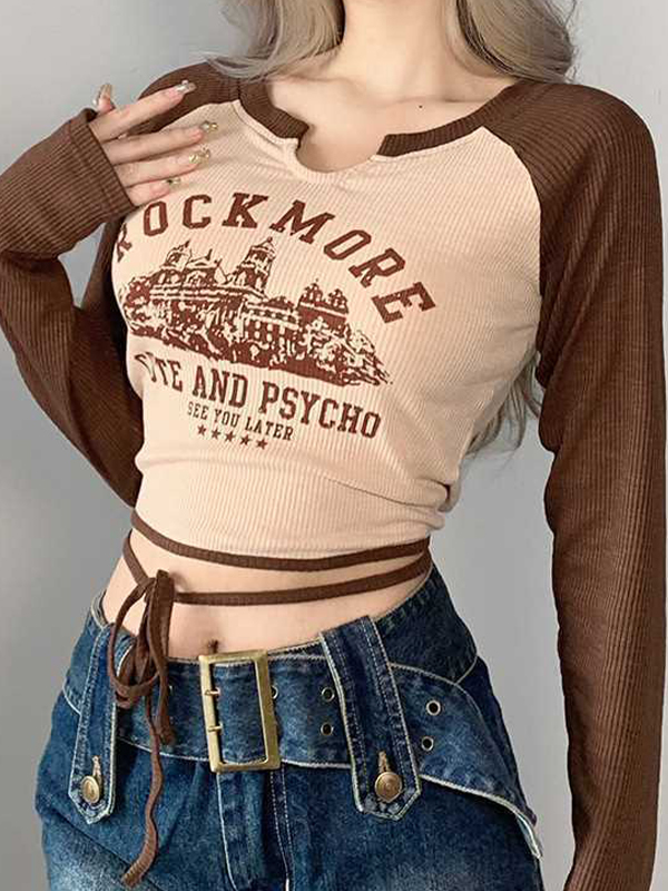 EMMIOL Langarmshirt mit Retro-Gebäude-Buchstabendruck