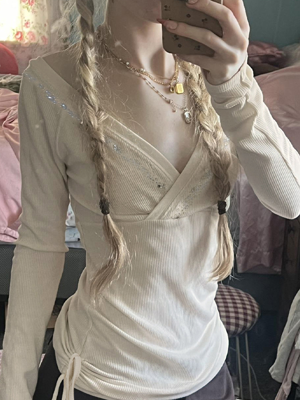 EMMIOL Vintage Langarmshirt mit Strassverzierung