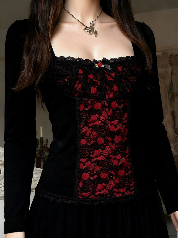 EMMIOL Langarmshirt mit kontrastierender Spitze im Patchwork-Stil