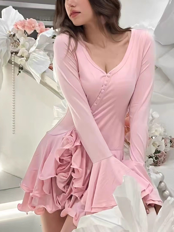 EMMIOL Lace-Trimmed Party Long Sleeve Mini Dress