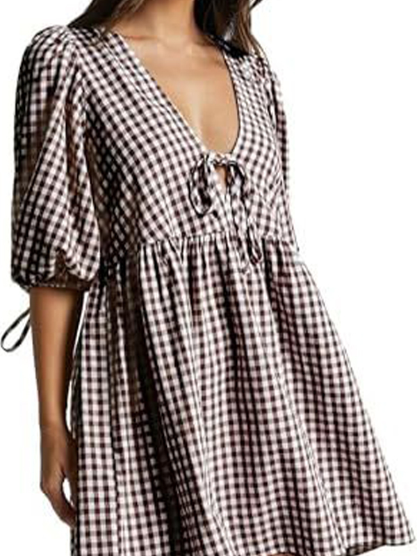 EMMIOL V-Neck Tie-Checkered Mini Dress