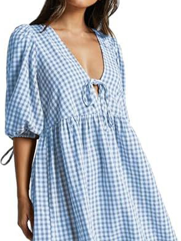 EMMIOL V-Neck Tie-Checkered Mini Dress