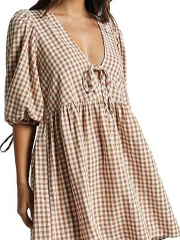 EMMIOL V-Neck Tie-Checkered Mini Dress