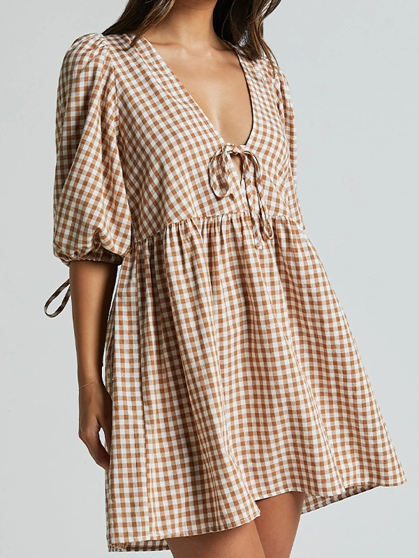 EMMIOL V-Neck Tie-Checkered Mini Dress