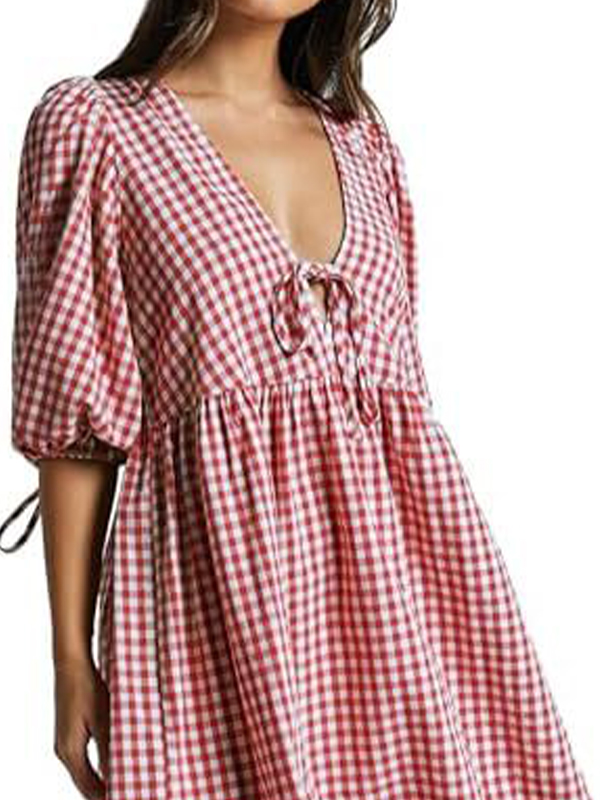 EMMIOL V-Neck Tie-Checkered Mini Dress