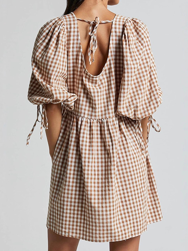 EMMIOL V-Neck Tie-Checkered Mini Dress