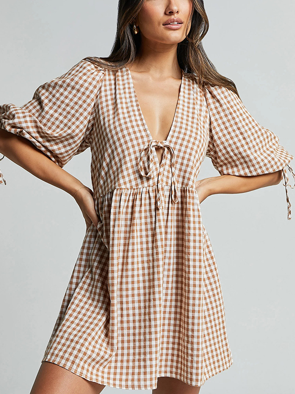 EMMIOL V-Neck Tie-Checkered Mini Dress
