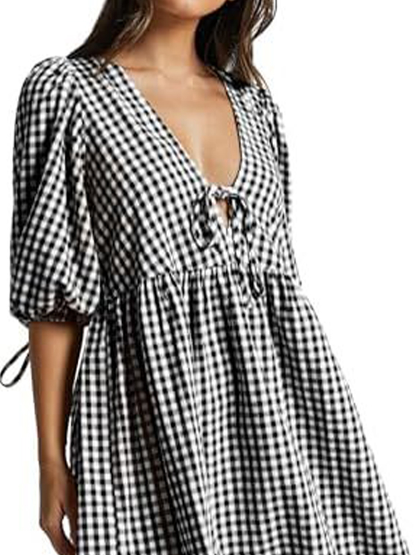 EMMIOL V-Neck Tie-Checkered Mini Dress