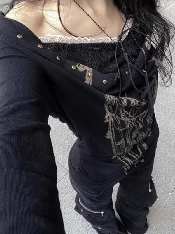 EMMIOL Y2K Retro Dark Manica lunga Manica lunga