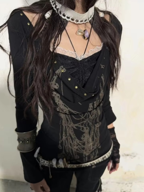 EMMIOL Y2K Retro Dark Manica lunga Manica lunga