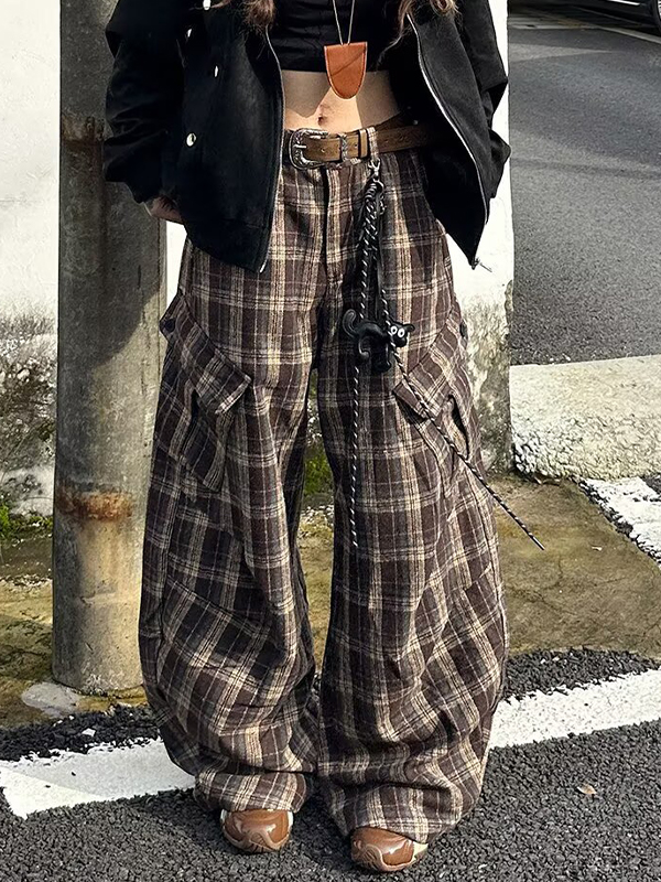 EMMIOL Pantalones de pierna ancha estilo vintage a cuadros