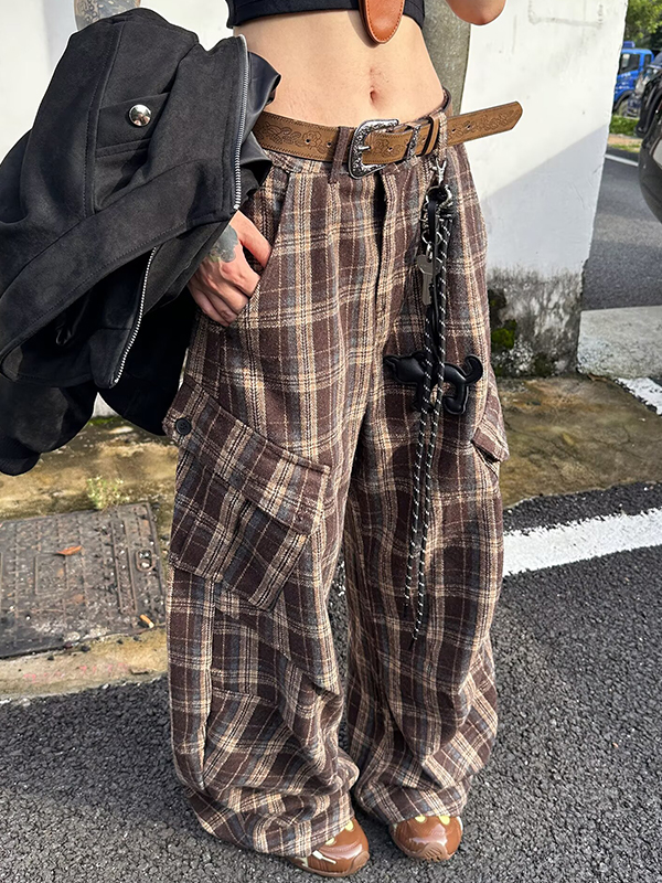 EMMIOL Pantalones de pierna ancha estilo vintage a cuadros