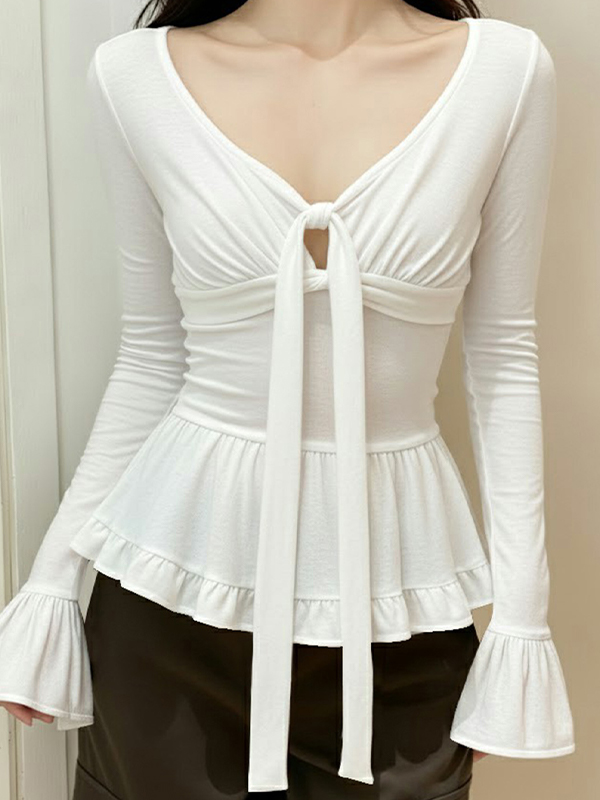 EMMIOL Manica lunga casual con fiocco e volant