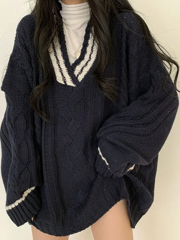 EMMIOL Academy V-Neck Loose Sweaters