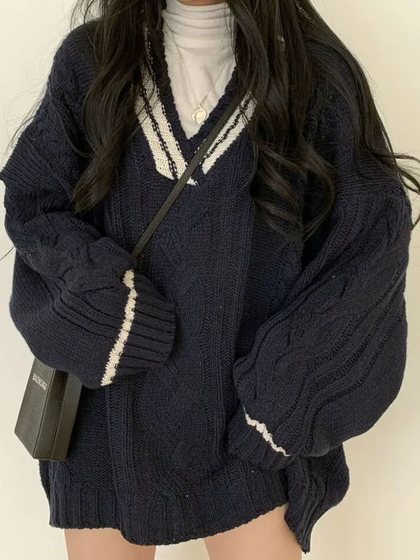 EMMIOL Academy V-Neck Loose Sweaters