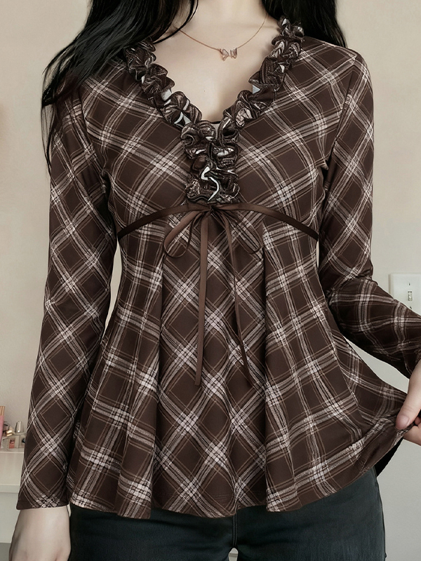 EMMIOL Manica lunga a quadri con volant