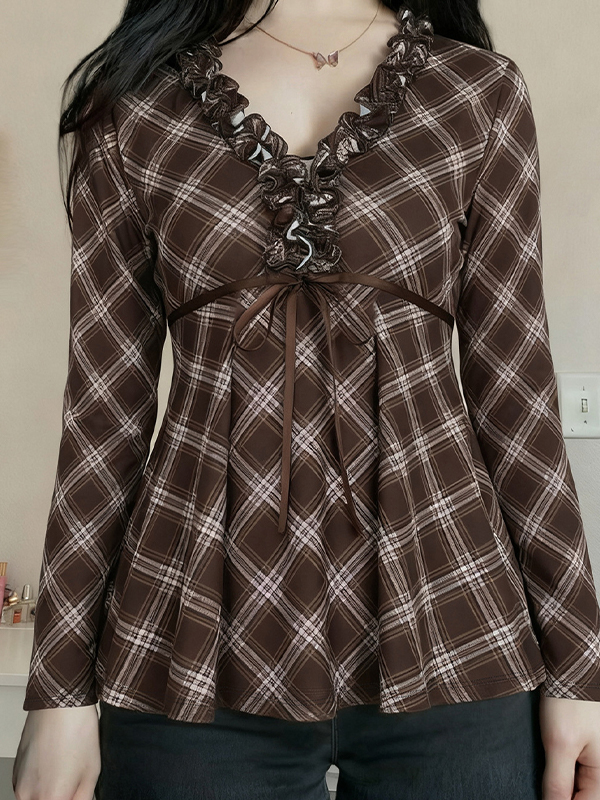 EMMIOL Manica lunga a quadri con volant