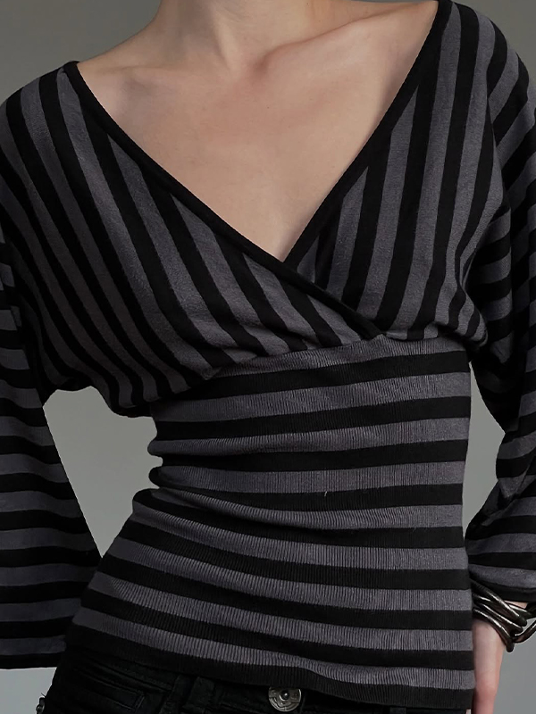 EMMIOL Maniche lunghe a righe con scollo a V