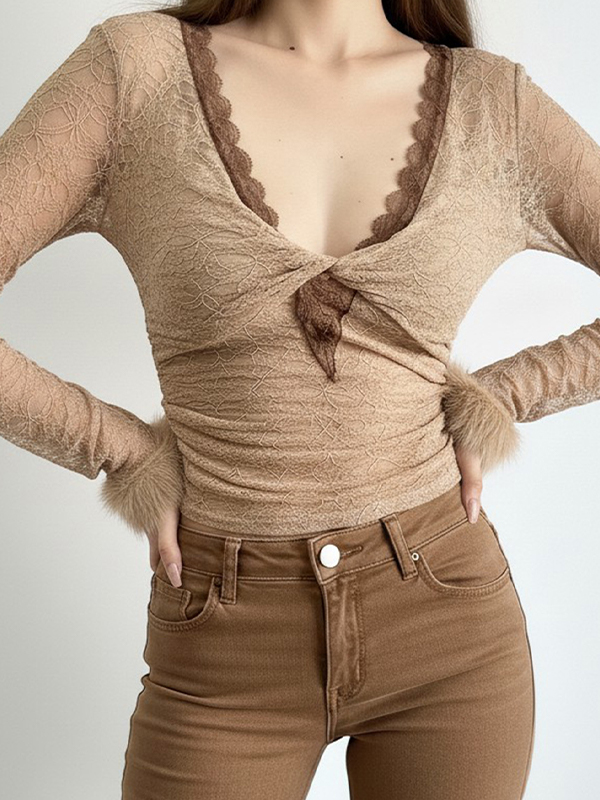 EMMIOL Maniche lunghe con scollo a V in pizzo retrò