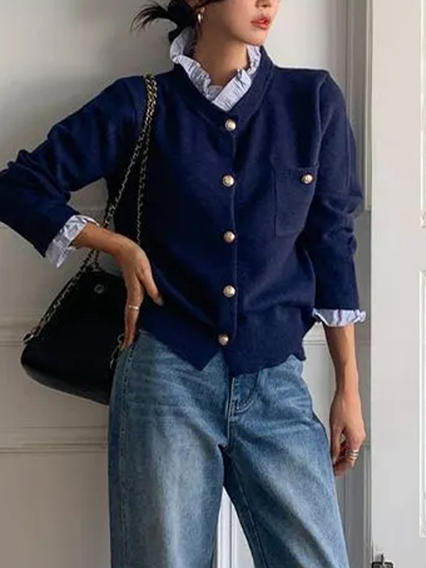 EMMIOL Maglioni con piccoli bottoni e colletto arricciato