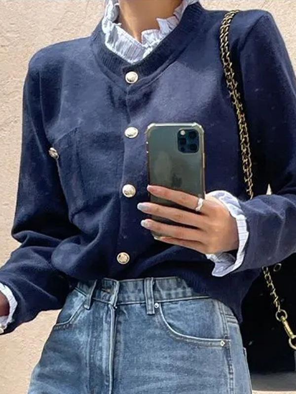 EMMIOL Maglioni con piccoli bottoni e colletto arricciato