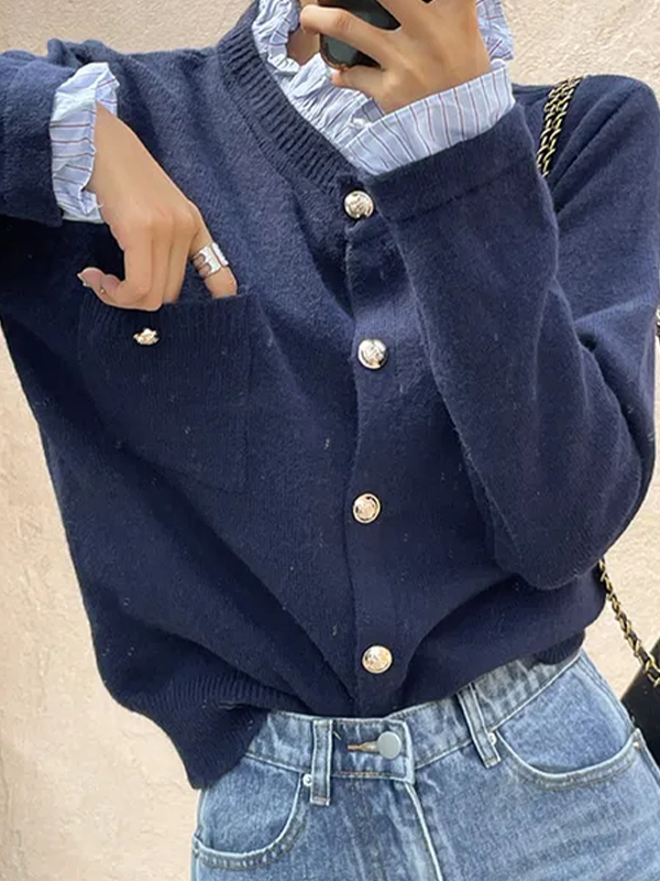 EMMIOL Maglioni con piccoli bottoni e colletto arricciato