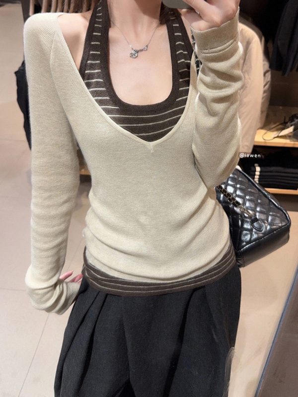 EMMIOL Top a strati con scollo a V e maniche lunghe