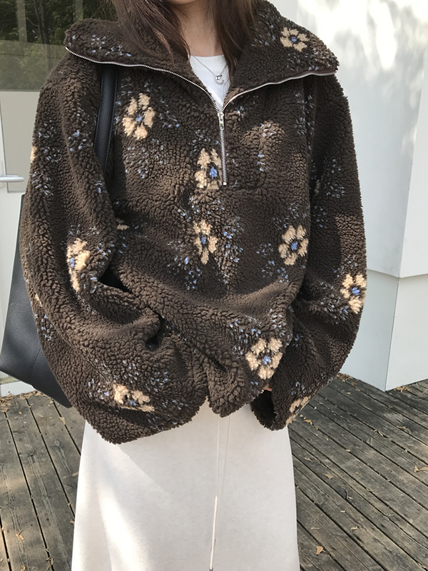 EMMIOL Sudaderas de lana de cordero con media cremallera y flores