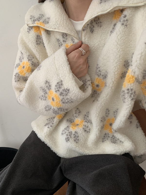EMMIOL Sudaderas de lana de cordero con media cremallera y flores