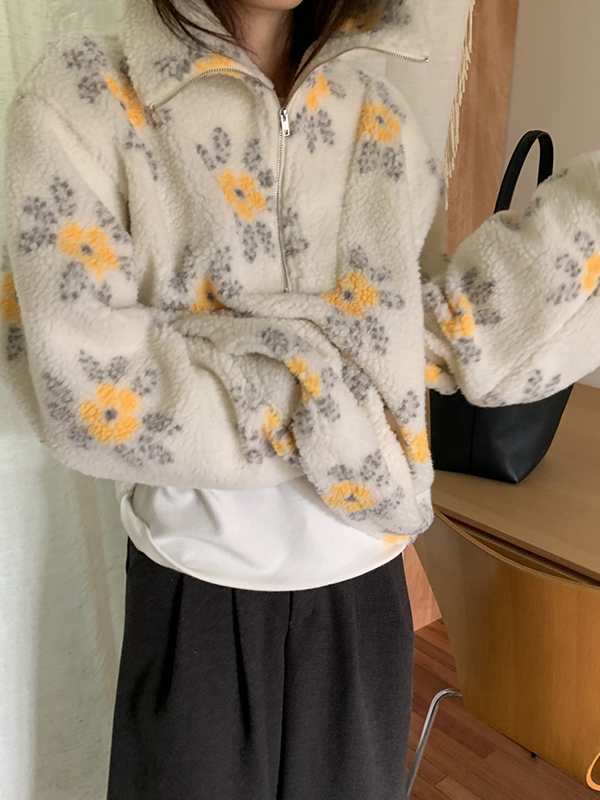 EMMIOL Sudaderas de lana de cordero con media cremallera y flores