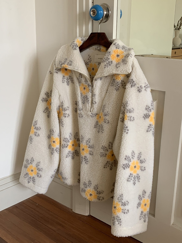 EMMIOL Sudaderas de lana de cordero con media cremallera y flores
