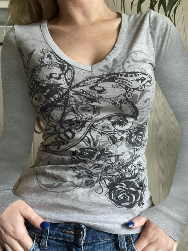 EMMIOL Maglia a maniche lunghe con stampa a rombi grigia