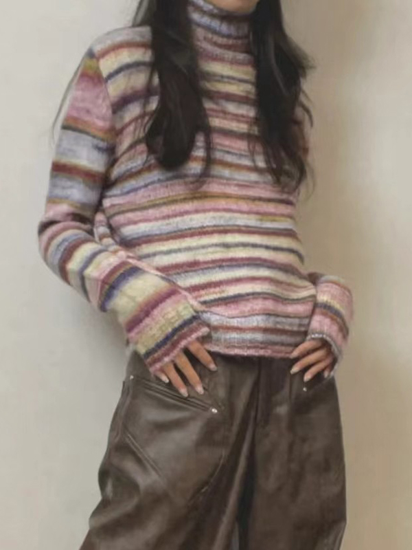 EMMIOL Maglioni a righe arcobaleno a collo alto