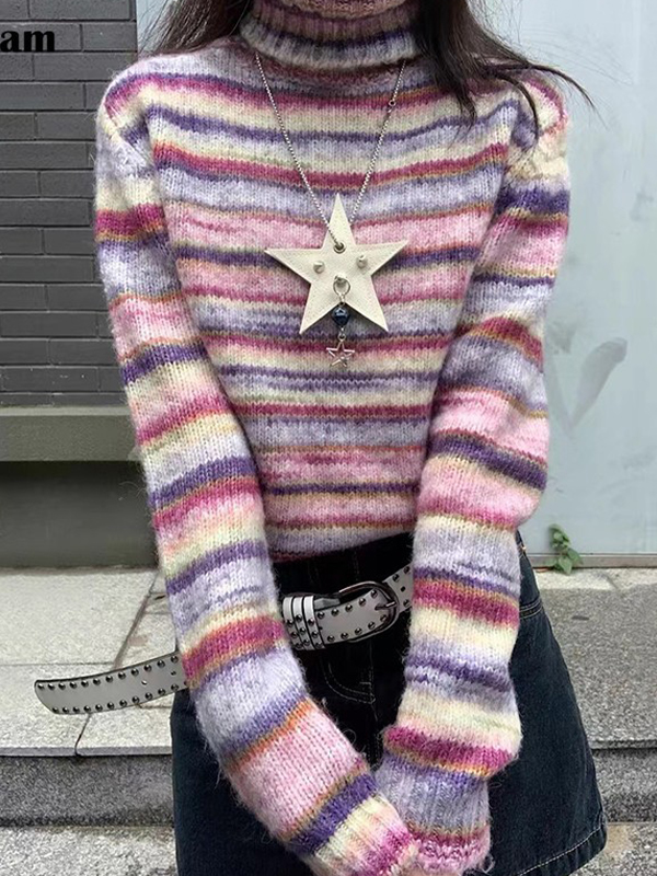 EMMIOL Maglioni a righe arcobaleno a collo alto