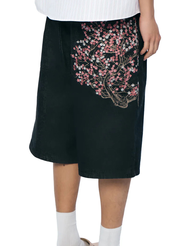 EMMIOL Pantaloncini in denim con ricamo a fiori di pesco